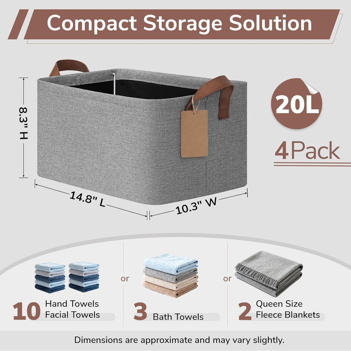 CHICVITA 4 Pack Large Storage Baskets for Shelves, Collapsible Closet Organizer Bins with Metal Frame, Fabric Storage Bins for Clothes Towels Organization, 16.8" x 11" x 9.8", Beige