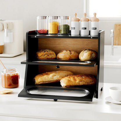 Bread Box,Extra Large 2-Tier Bamboo Bread Box for Kitchen Countertop,Bread Storage Container with Magnetic Acrylic Door for Homemade Bread,Under Cabinet,Pantry Organizer(Natural)