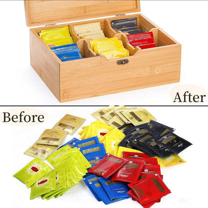 Lyellfe Tea Organizer Box, Bamboo Tea Bag Holder with Lid, Multi-purpose 6-Compartment Coffee Condiment Holder Storage Caddy for Home, Office, Café