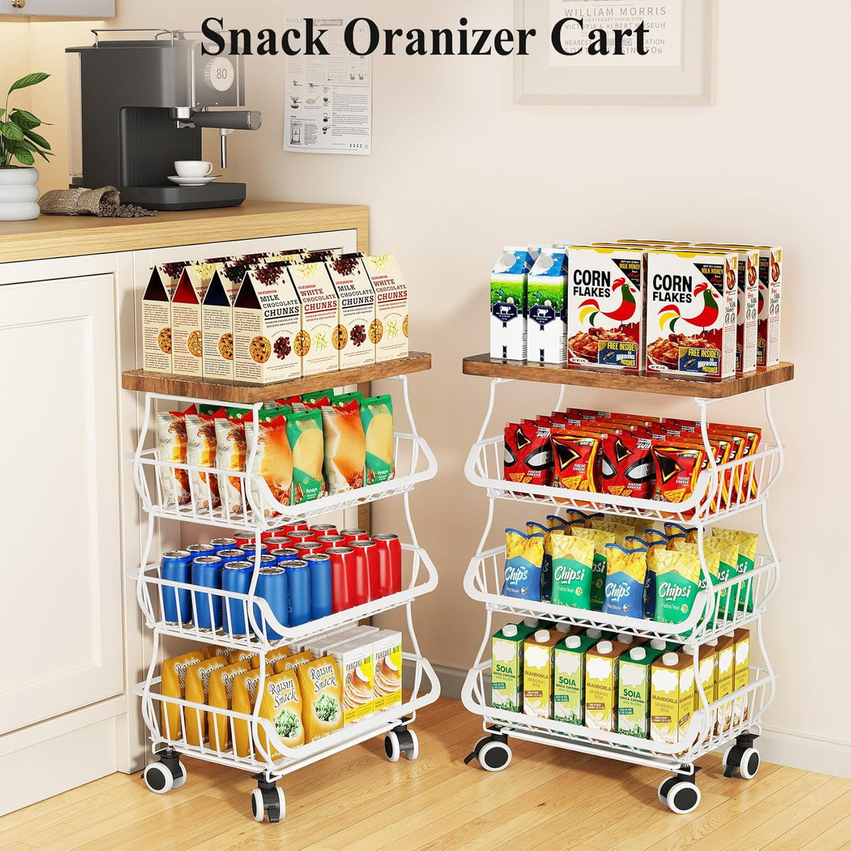 SAYZH Fruit Basket Kitchen Pantry Organizers and Storage - Wooden Top Table, Stackable Metal Wire Basket Stand Cart for Fruit Vegetable Snacks Onion Potato Organization (Black, 5 Tiers)