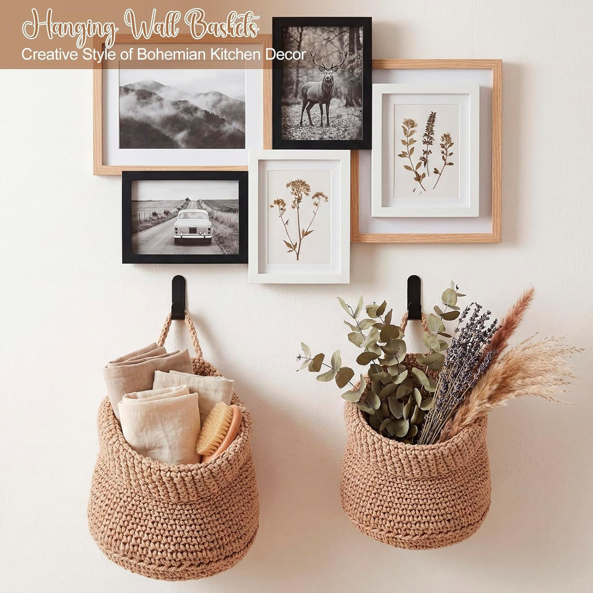 Honeydak Boho Decor Hanging Wall Baskets for Kitchen 3 Pack Teardrop Baskets with Hooks Storage Fruit Onion Vegetable Potato for Home 3 Sizes(Linen,Teardrop,Jute)
