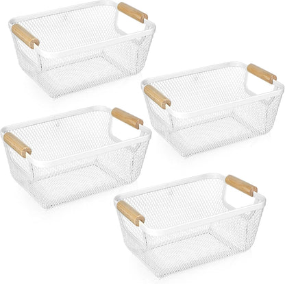 Ziliny 4 Pcs Metal Mesh Wire Baskets with Wooden Handles for Organizing, Pantry Organizers and Storage Steel Bin Kitchen Baskets for Fruit Potato Onion Snacks Bathroom Cabinet(Small,Black)