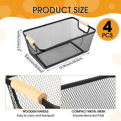 Ziliny 4 Pcs Metal Mesh Wire Baskets with Wooden Handles for Organizing, Pantry Organizers and Storage Steel Bin Kitchen Baskets for Fruit Potato Onion Snacks Bathroom Cabinet(Small,Black)