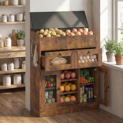 Potato and Onion Storage Bin with Lid, Large Potato Bin with Drawer, Multi-Compartment Wooden Fruit & Vegetable Cabinet with Mesh Doors, Rustic Kitchen Organizer for Pantry (16.9")