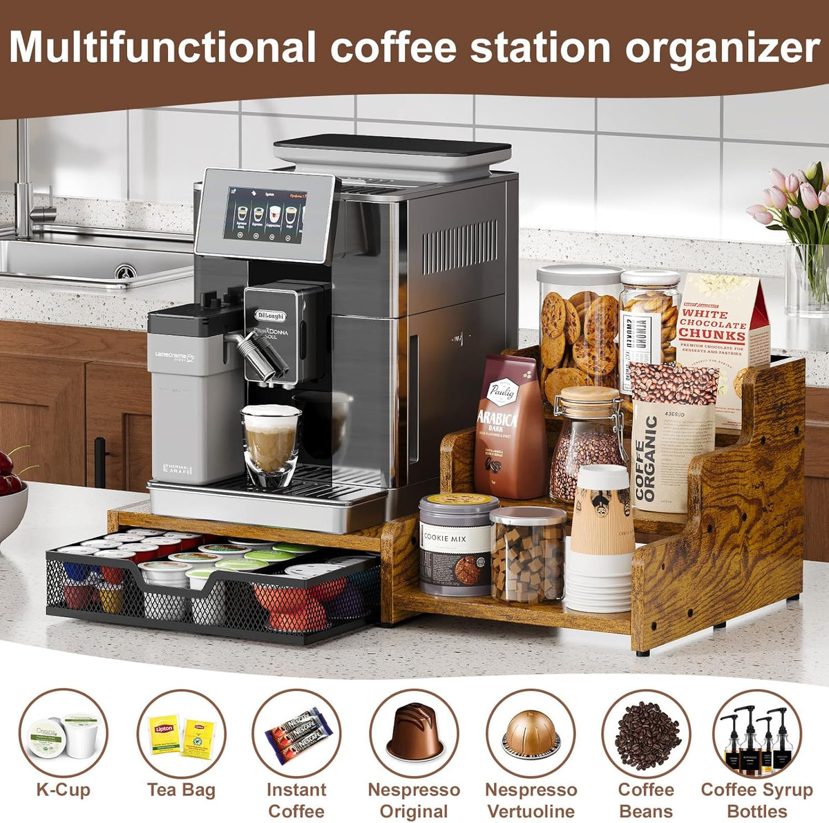 Coffee Station Organizer with K Cup Holder, 28 Pod Capacity,3-Tier Syrup Rack with Coffee Pod Holder Drawer, Coffee Bar organizer Countertop for Accessories,Rustic Brown