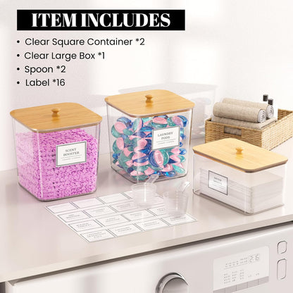 HomePekite Laundry Pods Storage Container, Clear Laundry Room Organization and Storage,Detergent Powder Container,with Wooden Lids & Labels, 3+