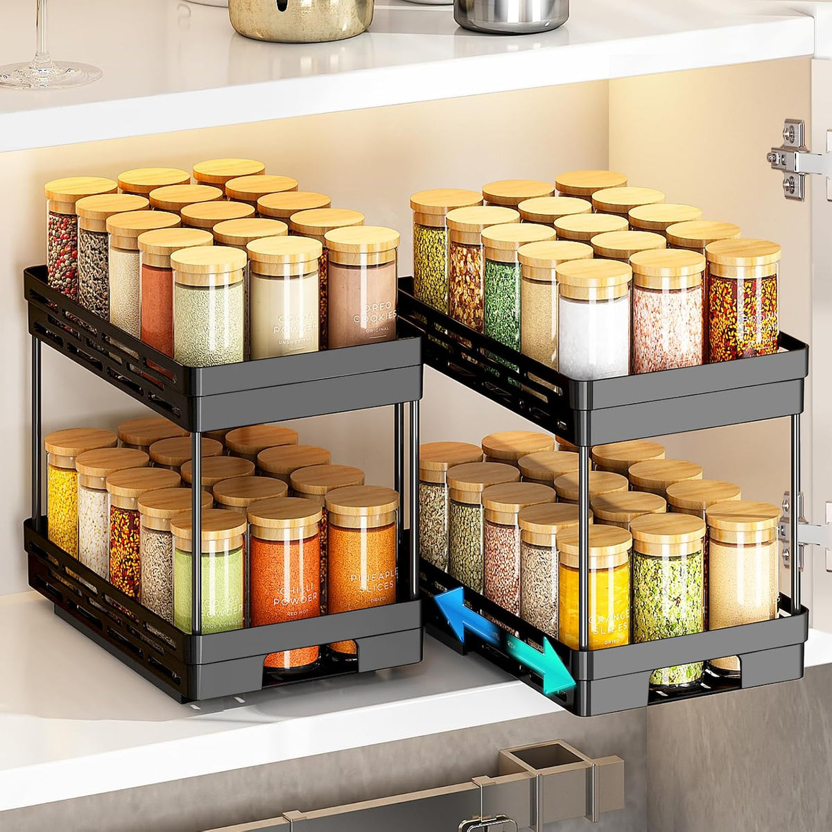 Pull Out Spice Rack Organizer for Cabinet, Slide Out Spice Racks Organizer, Spice Cabinet Organizers, Cabinet Size Need:12'' Highx11'' Deepx5'' Wide,Hold 10 Spice Jar Each Tier-2Tier, Black