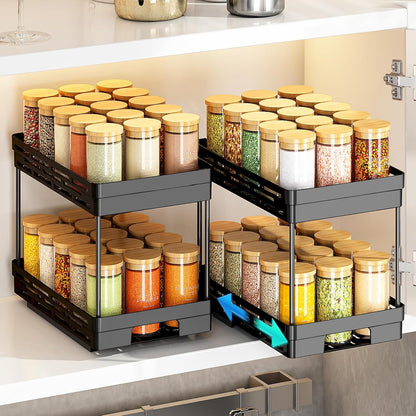Pull Out Spice Rack Organizer for Cabinet, Slide Out Spice Racks Organizer, Spice Cabinet Organizers, Cabinet Size Need:12'' Highx11'' Deepx5'' Wide,Hold 10 Spice Jar Each Tier-2Tier, Black