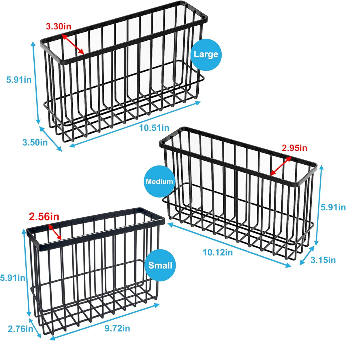 Cabinet Door Organizer Basket 2 Pack, Foil and Plastic Wrap Organizer with 2 Sponges, Lid Organizers Inside Cabinet, Metal Basket for Kitchen Organizers and Storage, Utility, Black (Medium,Large)