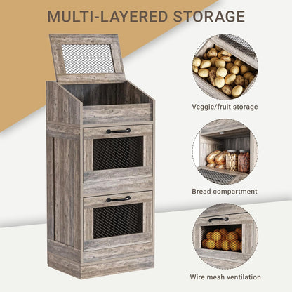 Potato Storage Bin with Lid, Rustic Wooden Onion Storage Bin, Bread Box for Kitchen, Kitchen Decorative Vegetable Storage Cabinet, Rustic Grey HPC001SG
