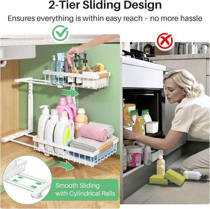 Kitstorack Under Sink Organizer, 2 Tier Under the Sink Storage, Slide out Pull out Cabinet Organizer Shelf, Metal Sliding Drawer for Kitchen Bathroom Pantry Closet Organization Rack, Black