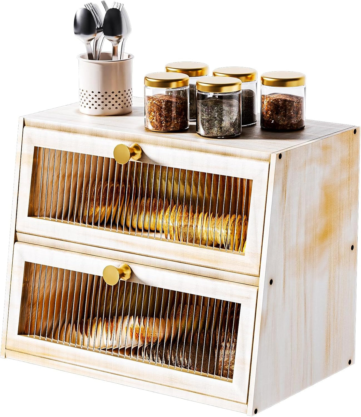 Bread Box for Kitchen Countertop,Extra Large 2 Layer Breadbox Wooden Farmhouse Bread Storage Container Bread Bin Bread Holder Food Organizer Pantry Shelf Acrylic Window(Black)