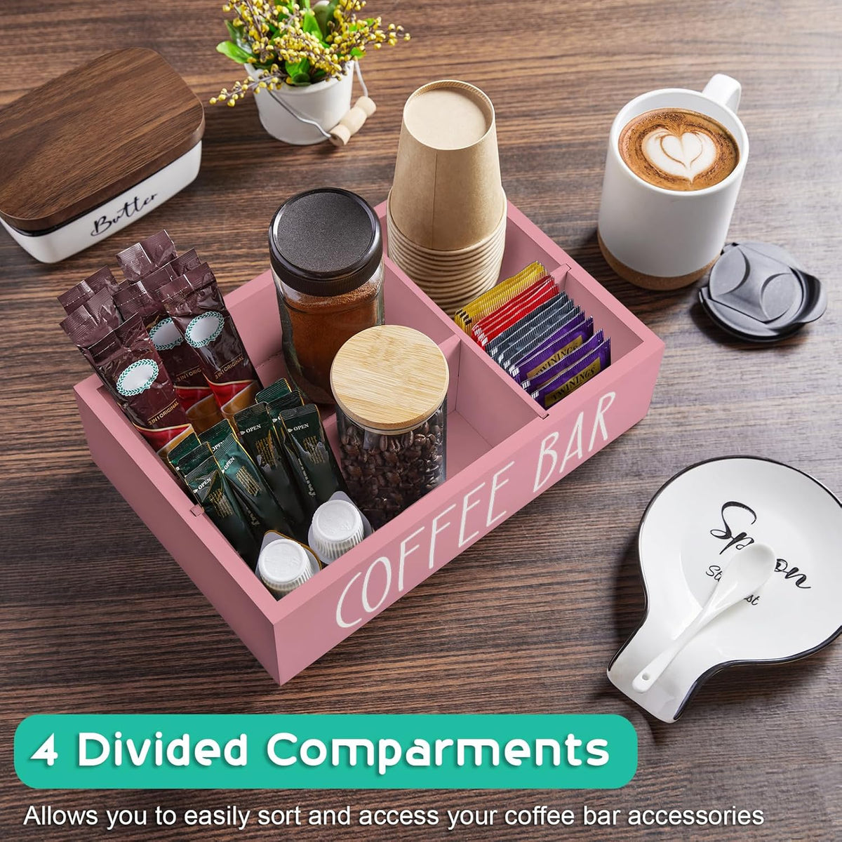 ALELION Coffee Station Organizer - Wood Countertop Accessories Organizer with Removable Dividers for Pods Condiment Syrup Tea Cups Stirrers - for Farmhouse Coffee Bar Decor