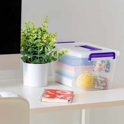 IRIS USA 6 Qt. Plastic Craft Storage Container Bins with Lids, Small Art & Office Supply Organizer Tote, Sensory Bins & Boxes for Home & University, Stackable, Secure Latch Buckles, Clear