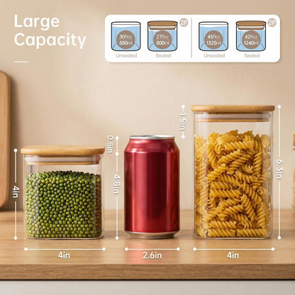 Extra Large Square Glass Flour & Sugar Storage Containers with Airtight Lids, 168 floz - Glass Jars with Bamboo Lids for Pantry, Air tight Food Storage Containers for Cereal, Pasta, Rice