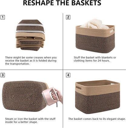 4 Pack Storage Baskets for Organizing, Woven Baskets for Shelves - Perfect for Toys, Books, Towels, and Clothes, Durable Gift Basket Bins Toy Storage, 12.7''Lx9''Wx7.8''H, Brown & White