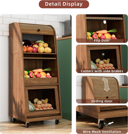 4 Tier Narrow Potato Storage Bin, Tall Wood Potato and Onion Storage Bin with Wheel, Movable Fruit and Vegetable Basket, Food Small Kitchen Pantry Cabinet, Wooden Bread Box, Walnut, Sliding Door