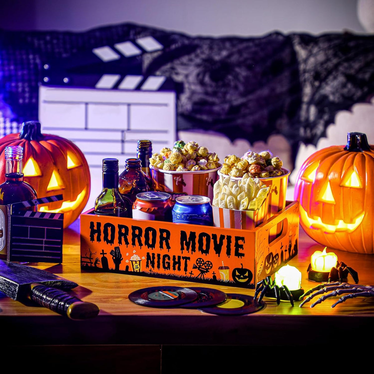 Movie Night Supplies Snack Trays with Handles Reusable Wooden Movie Gift Basket for Theater Popcorn Bucket Bowl Box Container Family Room Decor(Classic Style)
