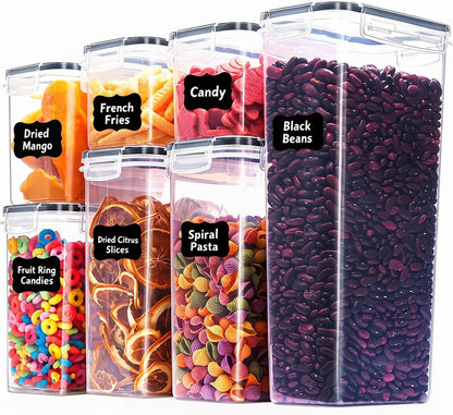 Airtight Food Storage Containers with Lids, BPA Free Clear Plastic Kitchen and Pantry Organization and Storage Set for Flour, Sugar, Cereal, Pasta, Includes 7 Labels and Marker