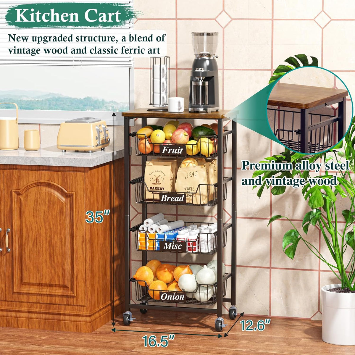 OKZEST 4-Tier Kitchen Storage Cart on Wheels – Mobile Fruit Basket Stand with Drawers & Wooden Top, Small Rolling Pantry Shelf for Potatoes, Onions, Bottled Drinks, Cans, Snacks – Includes 3 PE Liners