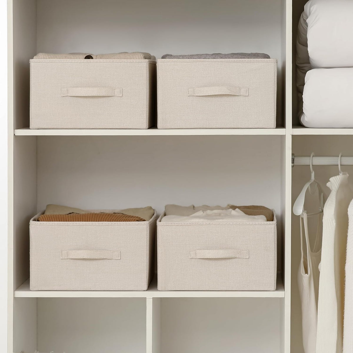 Linen Folding Storage Bins, 3 Pack Large Storage Baskets, Washable, Clothing Storage Bins with Handle, Closet Organizer for Storage Sweater,Sheets(Beige, 18½"x11 x8½)