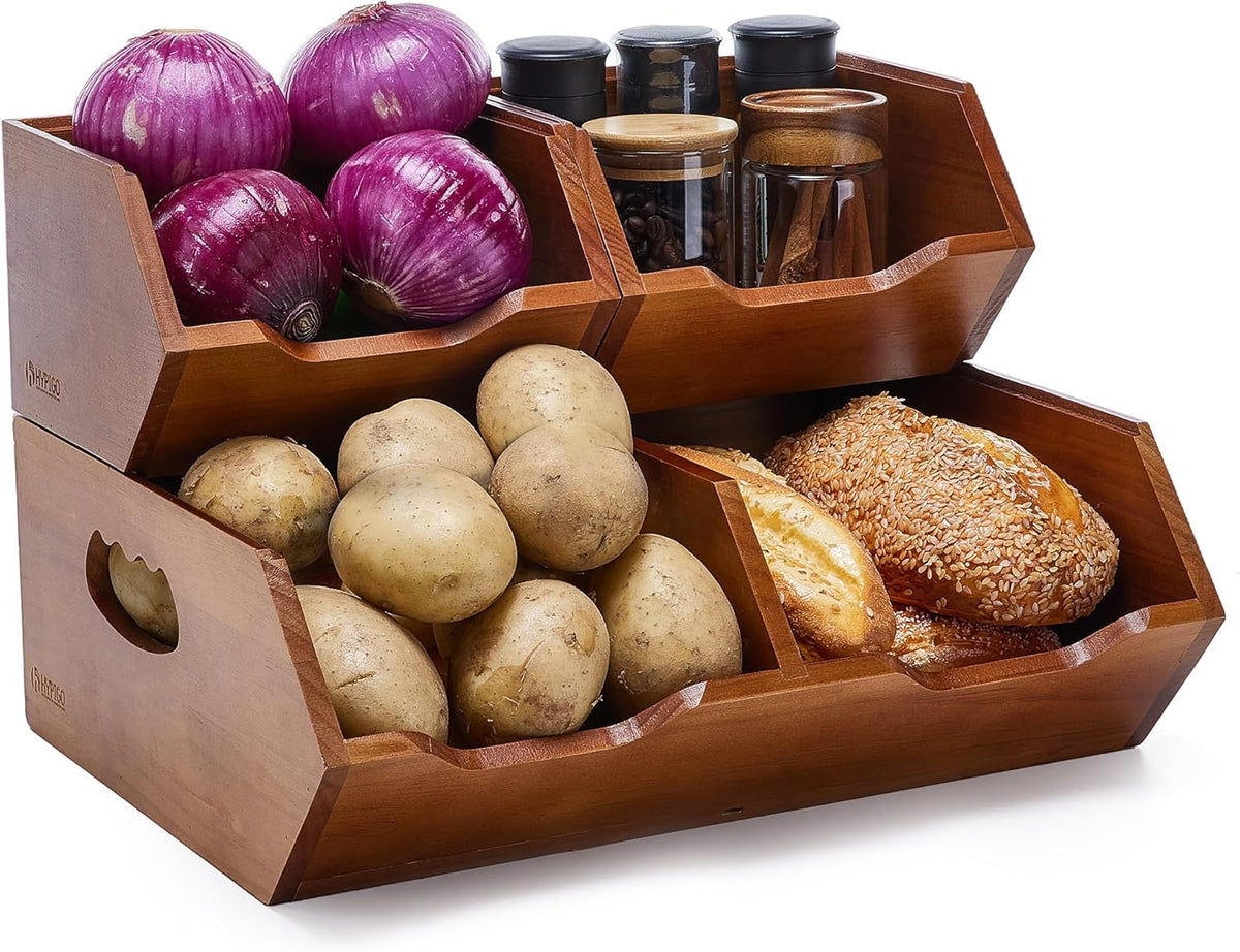 HYPIGO Wood Pantry Storage Baskets, Stackable Large Capacity Potato and Onion Storage Bins, Kitchen Pantry Organizers for Vegetables, Bread, Spices (Set of 3)