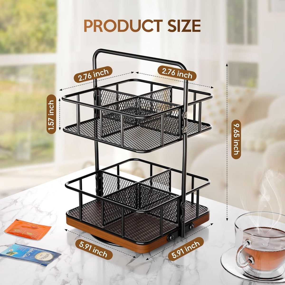 Rotating Tea Bag Organizer – 2 Tier 8 Basket 360° Spinning Teabag Holder Organizer, Acacia Wood Iron Countertop Tea Accessories Rack Holds 100+ Tea Bags, Decorative Kitchen, Coffee Bar Organizer Gift