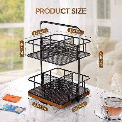 Rotating Tea Bag Organizer – 2 Tier 8 Basket 360° Spinning Teabag Holder Organizer, Acacia Wood Iron Countertop Tea Accessories Rack Holds 100+ Tea Bags, Decorative Kitchen, Coffee Bar Organizer Gift