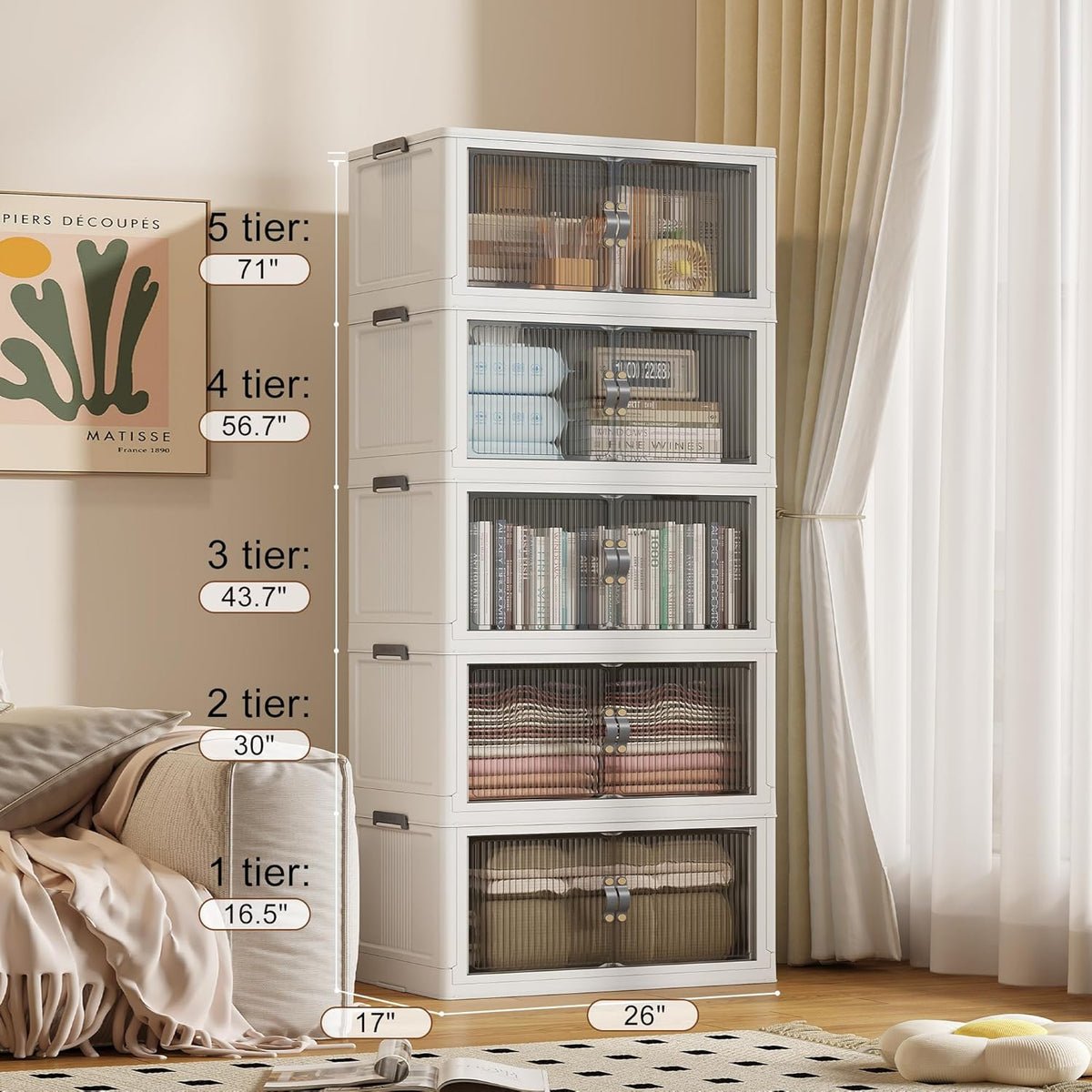 SAILUN 145Gal/580Qt Stackable Storage Bins Folding Collapsible Storage Bins with a Lid, Closet Organizers and Storage,White 26" W x 17" D x 71" H