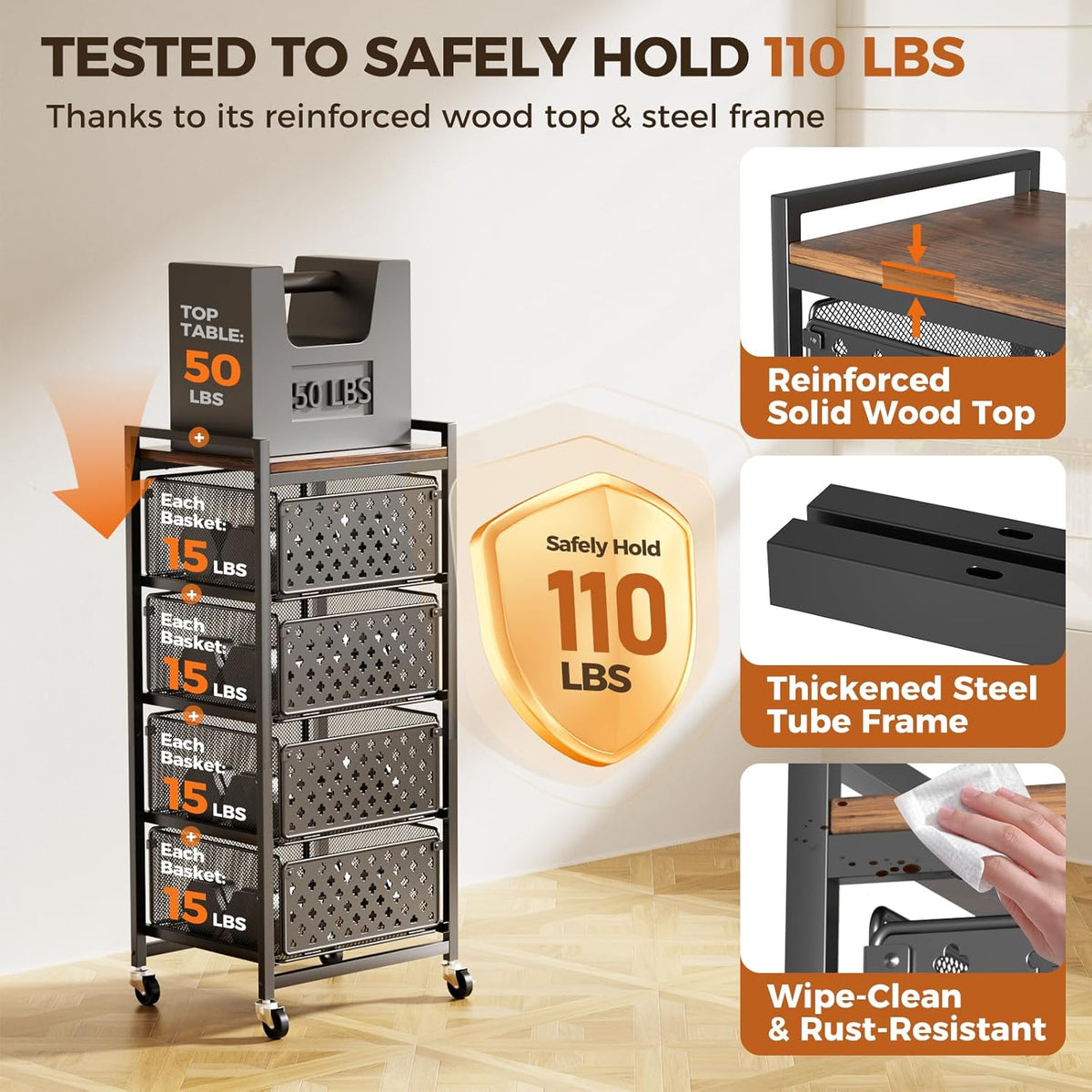 5 Tier Kitchen Storage Cart with Wheels, Utility Fruit Vegetable Storage Rack Stand with Pull-Out Baskets & Wood Top, Metal 4-Drawers Rolling Snack Cart, Kitchen Cart for Potato Onion(Black)