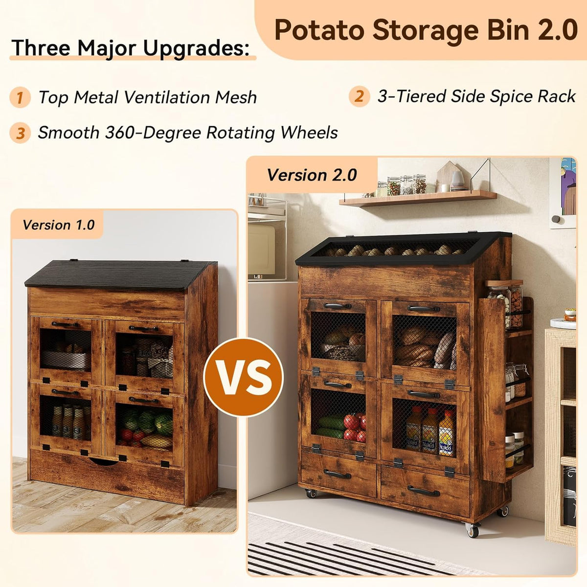 Verano Garden Potato and Onion Storage Bin on Wheels, Wood Bread Box with Lid & Mesh Doors, 4-Tier Rolling Fruit and Vegetable Storage Organizer w/Drawer & Side Rack for Kitchen (Rustic Brown, 16.0")