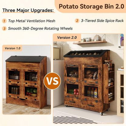 Verano Garden Potato and Onion Storage Bin on Wheels, Wood Bread Box with Lid & Mesh Doors, 4-Tier Rolling Fruit and Vegetable Storage Organizer w/Drawer & Side Rack for Kitchen (Rustic Brown, 16.0")