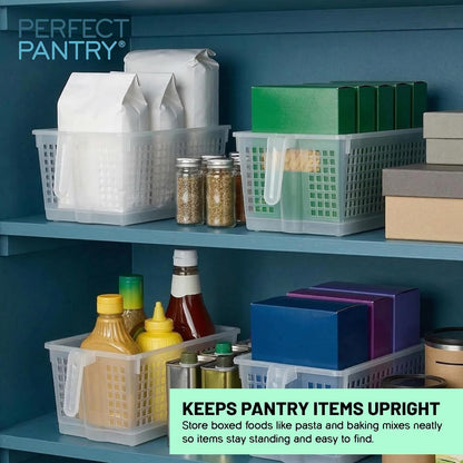 Handy Basket – Kitchen Discovery – Kitchen Pantry Organizers and Storage - Plastic Organizer Bins with Handles in Large Size for Chip Bags, Cake Mixes, Pasta, and Condiments