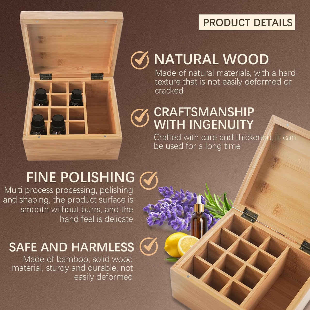 Pure Vie Essential Oil Bamboo Storage Box Travel Display Presentation, Holds 26 Bottles for 5, 10, 15ml - Aromatherapy Organizer Nail Polish Fragrance Container - Keep Your Oils Safe & Space Saver
