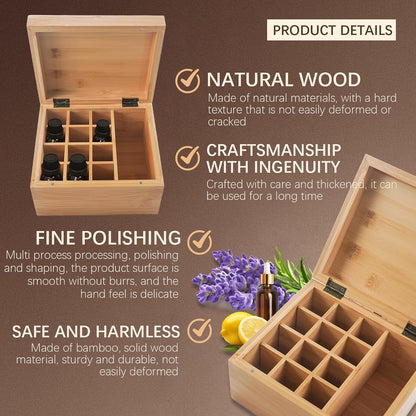 Pure Vie Essential Oil Bamboo Storage Box Travel Display Presentation, Holds 26 Bottles for 5, 10, 15ml - Aromatherapy Organizer Nail Polish Fragrance Container - Keep Your Oils Safe & Space Saver
