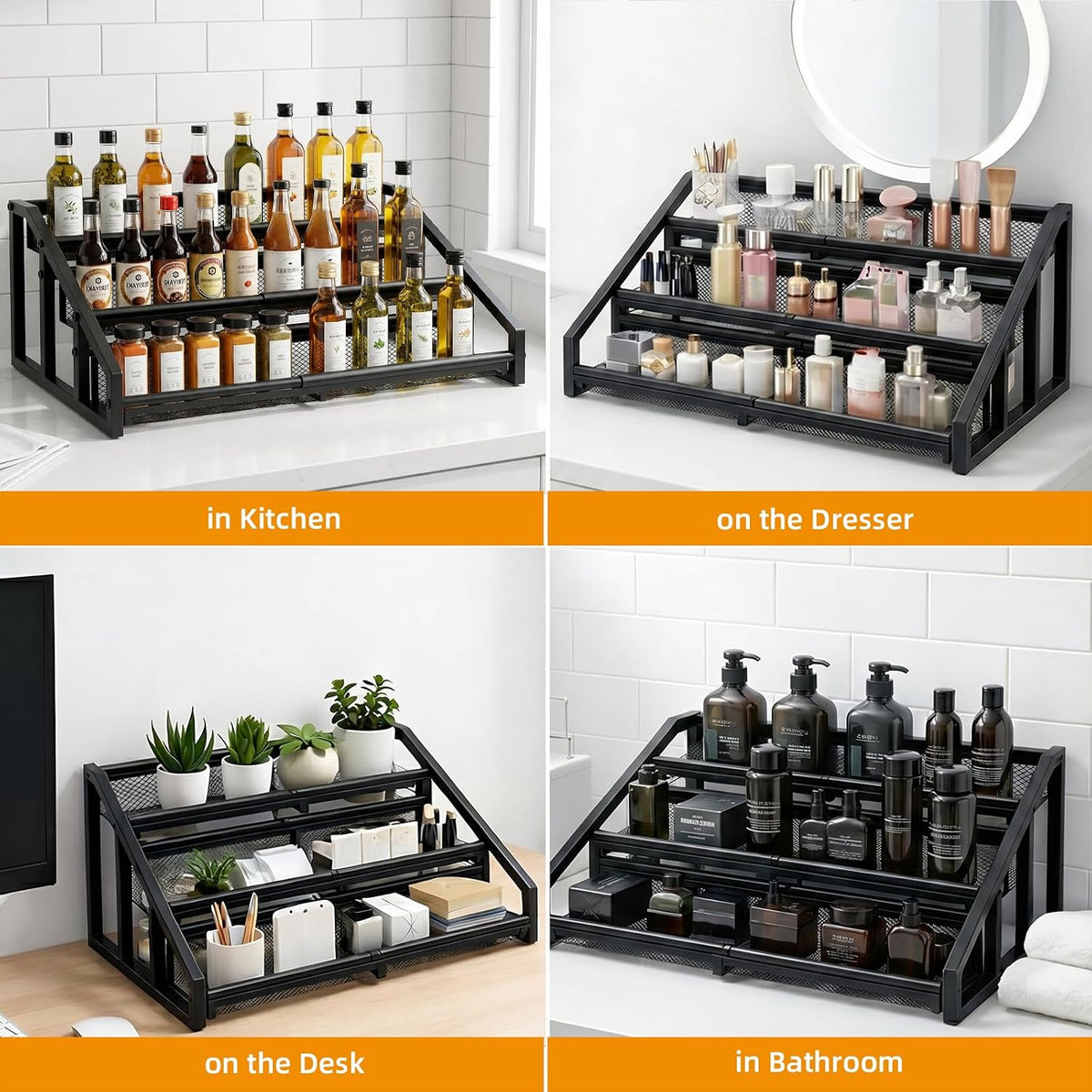 3 Tier Expandable Spice Rack Organizer for Kitchen,13.7"-23.6" Heavy Duty Spice Organization Shelf,Metal Pantry Storage Shelves Racks, Good Space for for Pantry, Counter top,Patent Pending