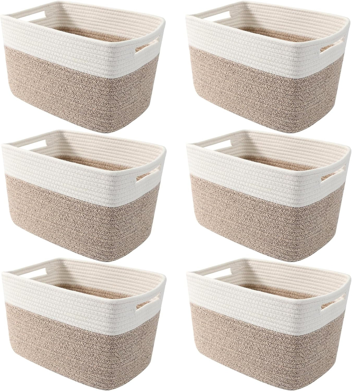 3 Pack Woven Rope Storage Baskets for Shelves,13.5"×11"×9.5" Storage Bins with Handles,Empty Gift Baskets,Nursery Organizer for Toys,Towels,Books,Closet,Living Room,Bedroom (White & Brown)