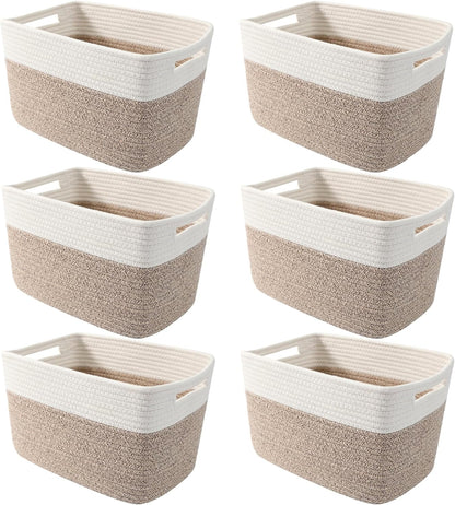 3 Pack Woven Rope Storage Baskets for Shelves,13.5"×11"×9.5" Storage Bins with Handles,Empty Gift Baskets,Nursery Organizer for Toys,Towels,Books,Closet,Living Room,Bedroom (White & Brown)