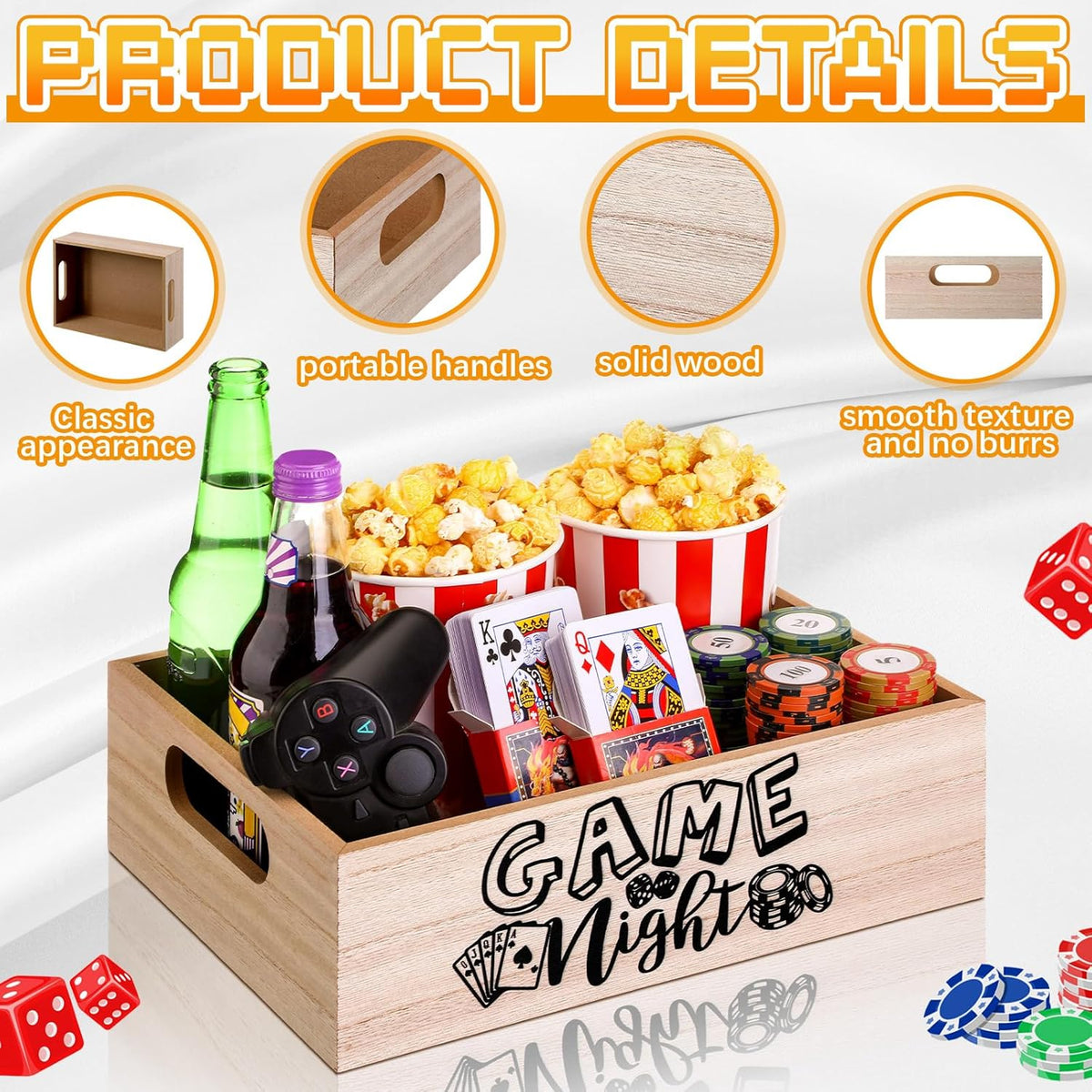 Movie Night Supplies Snack Trays with Handles Reusable Wooden Movie Gift Basket for Theater Popcorn Bucket Bowl Box Container Family Room Decor(Classic Style)