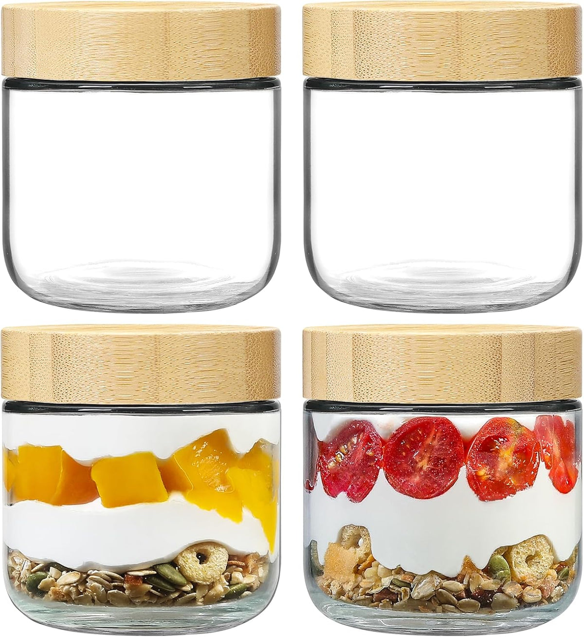 NETANY 4-pack 16oz Glass jars with Airtight Lids, Overnight Oats Containers with Bamboo Lids, Wide mouth Mason Salad jars, Glass Food Storage Containers for Snacks Yogurt Spice Sugar