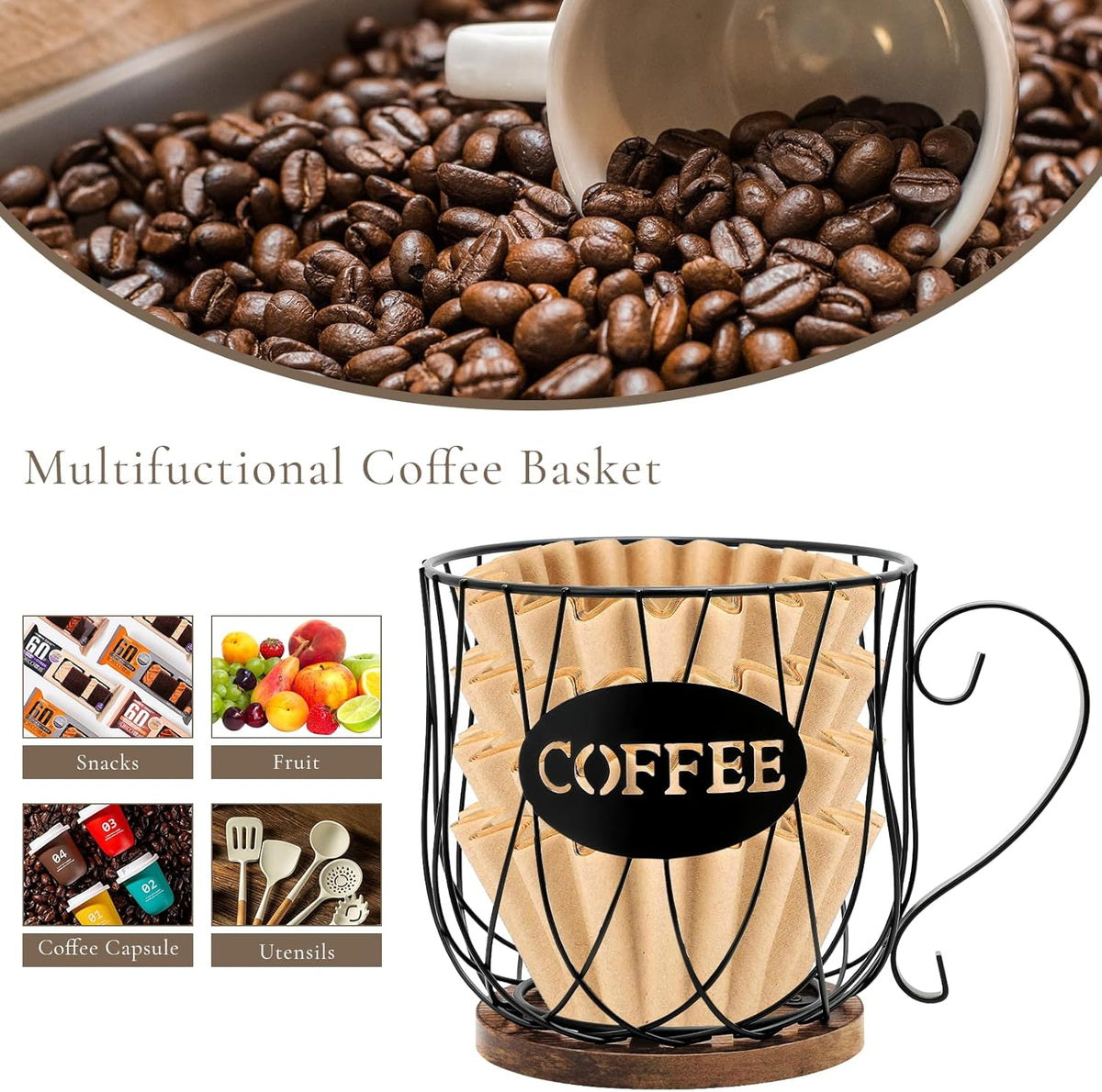 Coffee Pod Holder Organizer,Large Capacity K Cup Holder Organizer, Storage Basket for Kitchen Countertop Office Coffee Bar with Wooden Base(Rustic Brown-Square)