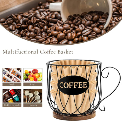 Coffee Pod Holder Organizer,Large Capacity K Cup Holder Organizer, Storage Basket for Kitchen Countertop Office Coffee Bar with Wooden Base(Rustic Brown-Square)