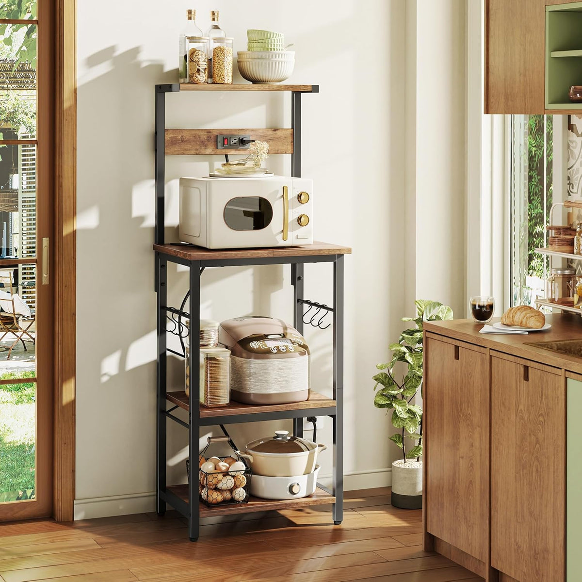 SUPERJARE Kitchen Bakers Rack with Power Outlet, Coffee Bar Table 4 Tiers, Kitchen Microwave Stand with 6 S-shaped Hooks, Storage Shelf Rack for Spices, Pots and Pans - Rustic Brown