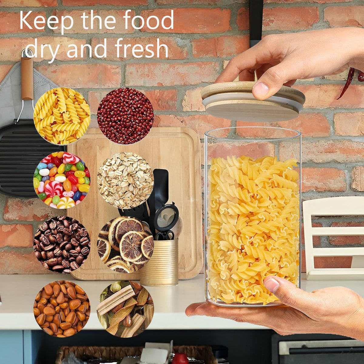 2.2 Qt Square Glass Storage Containers with Lids, Clear Food Storage Container Jar with Sealing Bamboo Lid Storage Containers for Pasta, Oats, Coffee, Flour, Sugar (Square -3Pack)
