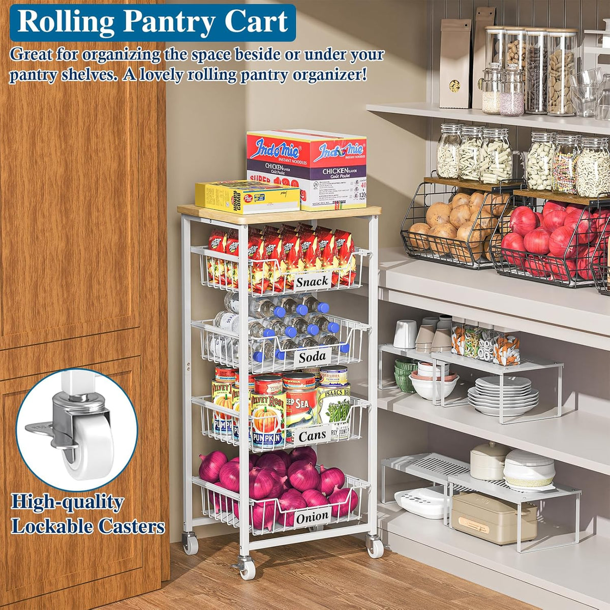 OKZEST 4-Tier Kitchen Storage Cart on Wheels – Mobile Fruit Basket Stand with Drawers & Wooden Top, Small Rolling Pantry Shelf for Potatoes, Onions, Bottled Drinks, Cans, Snacks – Includes 3 PE Liners