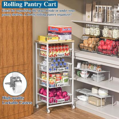 OKZEST 4-Tier Kitchen Storage Cart on Wheels – Mobile Fruit Basket Stand with Drawers & Wooden Top, Small Rolling Pantry Shelf for Potatoes, Onions, Bottled Drinks, Cans, Snacks – Includes 3 PE Liners