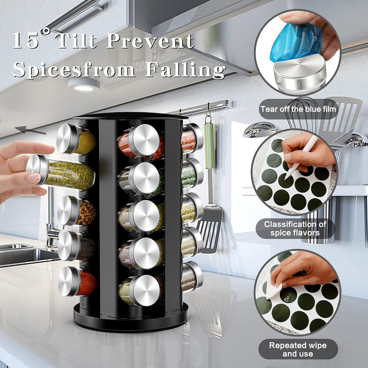 Handisen Rotating Spice Rack Organizer for Cabinet, Spice Racks Storage with 20 Jars, Spinning Spice rack for Kitchen Countertop, Spice Holder,Seasoing Storage Racks, Black