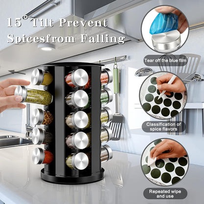 Handisen Rotating Spice Rack Organizer for Cabinet, Spice Racks Storage with 20 Jars, Spinning Spice rack for Kitchen Countertop, Spice Holder,Seasoing Storage Racks, Black