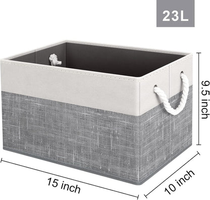 Fab totes Storage Bins, Foldable Storage Baskets for Organizing Toys, Books, Shelves, Closet, Large Storage Box with Rope Handles, Sturdy Organizer Bins, White & Grey