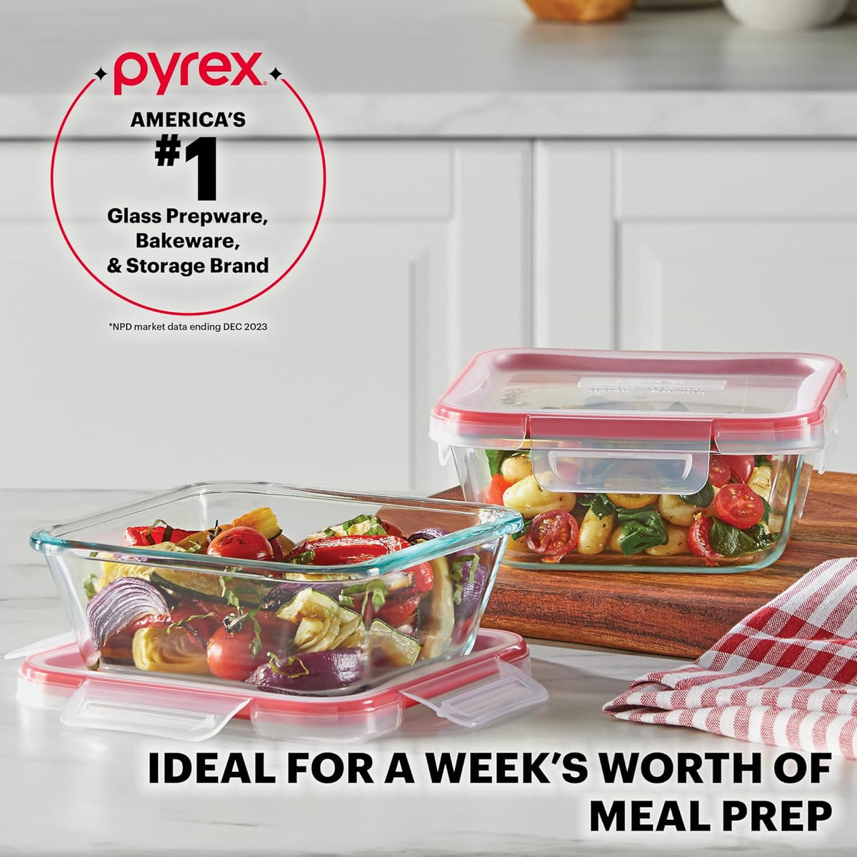 Pyrex Freshlock (4 Cup) Glass Food Storage Containers Set, Airtight & Leakproof Plastic Locking Lids BPA-Free, Meal Prep Containers Set, Freezer Dishwasher Microwave Safe
